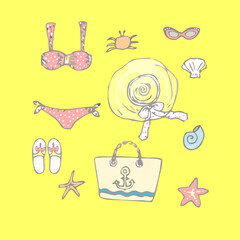 Summer beach set. Drawn by hand. Swimsuit, goggles, shale, a bag with anchor hat with a bow, shells, starfish. Vector.