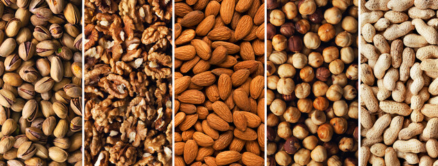 Collage of different nuts. View from above. Background and texture. 