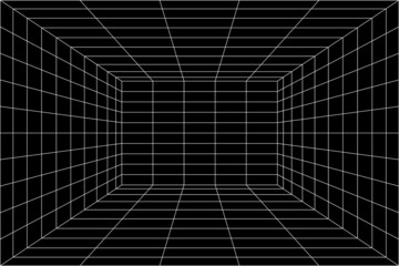 3D digital white grid of black room space with one point perspective. Empty geometric cyberspace studio background. Virtual three dimension scene. Easy guide architecture template
