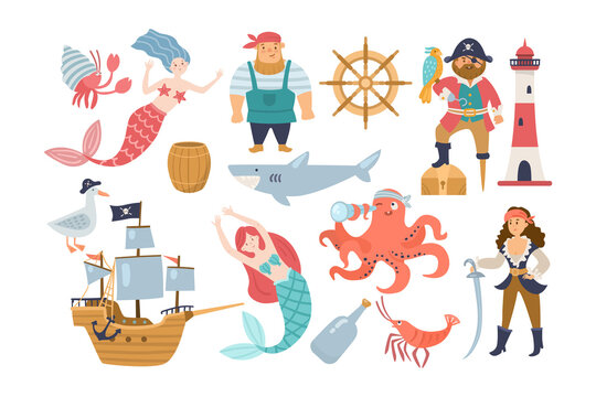 Cute underwater animals, sea robbers cartoon illustration set. Mermaid, jellyfish, ship with anchor, crab, octopus, childish captain character, lighthouse on white background. Marine, ocean concept