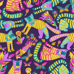 Seamless vector pattern design of a cute tiger with decorative flowers in bright tones