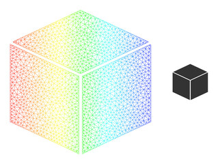 Rainbow vibrant mesh cube. Vector model is created from cube icon. Bright carcass mesh icon.