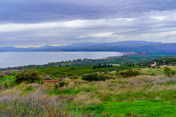 Fototapeta na wymiar Countryside, and northern part of Sea of Galilee, on winter