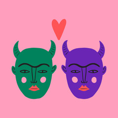Funny cute comic devils Valentines doodle characters handdrawn cartoon funky trendy style vector illustration
