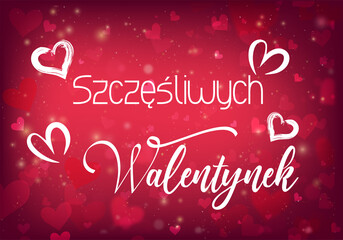 karta lub baner na szczęśliwe walentynki w kolorze białym na gradientowym czerwonym tle z białymi sercami i czerwonymi sercami w efekcie bokeh © emmanuel