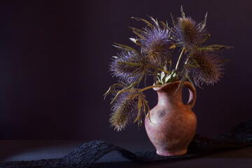 Beautiful background with blue thistles, Eryngium Planum	