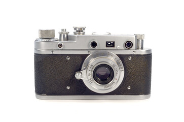 Fototapeta premium Old film camera isolated on white background.