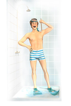 A guy in the shower in fins and with diver mask. Good morning! Expression of surprise and joy
