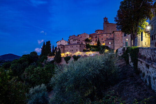 Panicale, a beautiful village in Umbria, Italy..Landscape of an ancient Italian village at the blue hour.