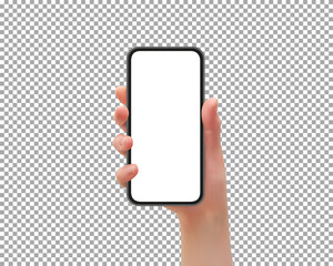 Woman hand holding the smartphone with blank screen, on transparent background, vector illustration - 483786326