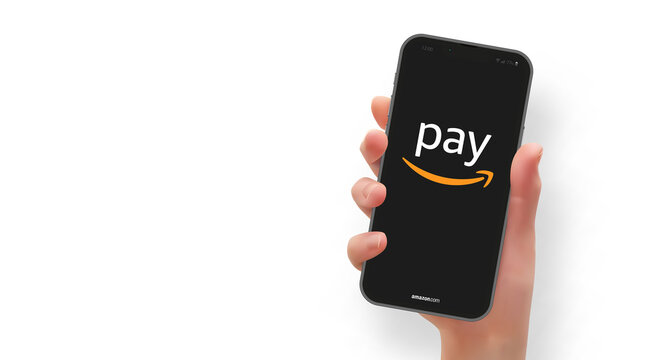 Woman hand holding the smartphone with logo Amazon Pay, vector editorial illustration