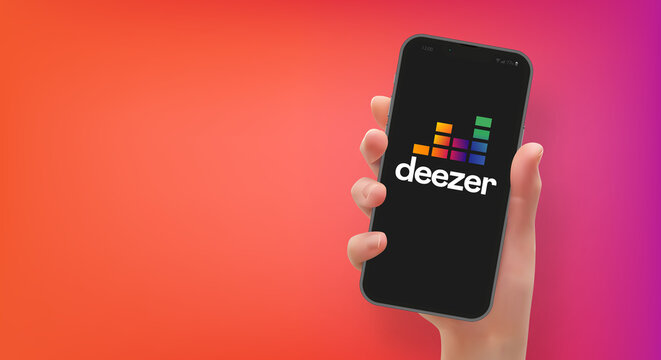 Woman hand holding the smartphone with logo Deezer, vector editorial illustration