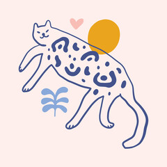 Leopard cat groovy cute comic character boho doodle modern art print funny handdrawn childish cartoon funky trendy style vector illustration clipart
