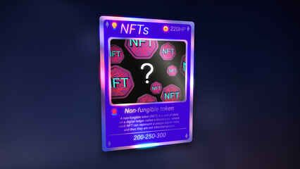 NFT crypto art card - Example of non-fungible token collectible card with unique made up gaming theme. Unique digital art concept. 3d render illustration.
