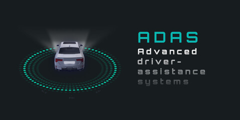 Advanced Driver Assistance Systems (ADAS).sensor and camera systems of autonomous car, driverless vehicle. illustration.
