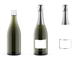 Mockup template design of a champagne wine bottle. Isolated on white background. The bottle used for champagne, chardonnay, and white wine, place your design and use for presentations. 3D rendering.	