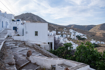 Serifos island Chora town white building on rocky land and stone stair. Cyclades Greece.
