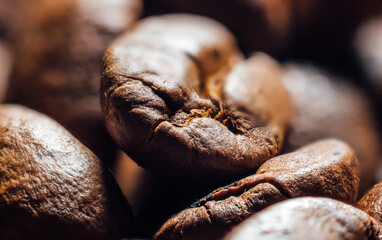 Detail of Roasted coffee beans. Macro photography of coffee beans.