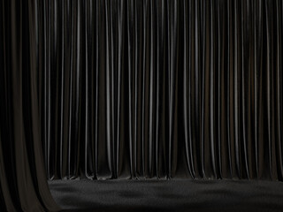 Black draping curtains. 3d render illustration mockup.