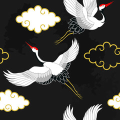Seamless pattern with Cranes. Japanese pattern. Ornament with oriental motifs. Illustration.