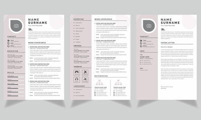 Resume and Cover Letter Layout with Pink Sidebar, Minimalist resume cv template, Resume design, Vector Template
