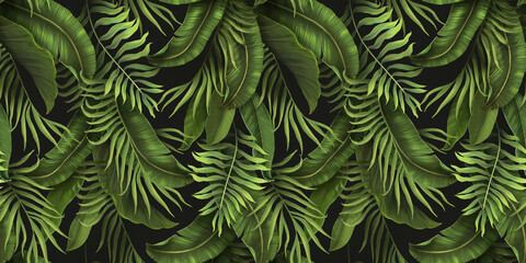 Dark wallpaper with tropical leaves. Palm leaves, banana leaves, dark background. Jungle tropical forest seamless pattern. Hand drawn design for fabrics, clothes, goods, websites