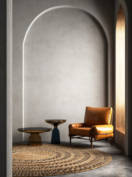 Modern arches interior composition with orange lounge chair and decor. 3d render illustration mock up.