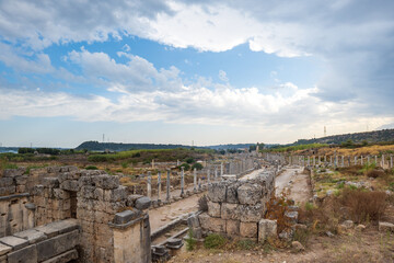 Fototapeta na wymiar Perge ancient city archaeological site in Antalya, Turkey. Perge was a Greek and Roman ancient city and once the most propserous city of the ancient world.