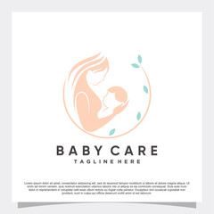 Baby care logo design with leaf and creative concept Premium Vector
