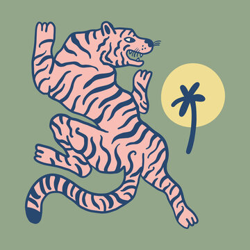 Asian tiger wild animal childish cartoon groovy boho illustration naive funky handdrawn style art vector