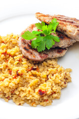 pork meat steak with bulgur salad