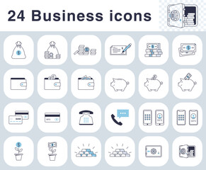 24 Business and finance line vector icons set. Money, cash, coins, purse, piggy bank, safe, phones, gold