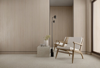 Wood tones living room in modern style with chair,lamp and wooden wall.3d rendering