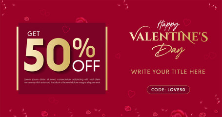 Happy Valentine day sale promotional campaign or offer banner template with red background, gold shape and text design