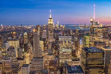 city view of Manhattan skyline at night - NYC, USA