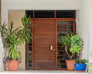 contemporary house wood and glass entrance doorway decorated with potted plants, Athens Greece