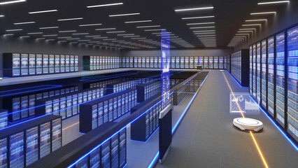 Shot of Data Center With Multiple Rows of Fully Operational Server Racks. Modern Telecommunications, Artificial Intelligence,large server area,3d rendering