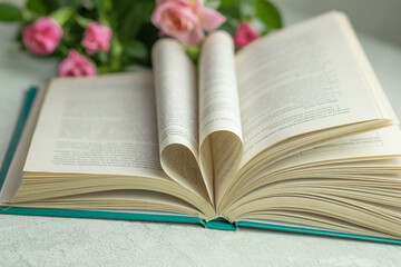 an open book with folded pages in the shape of a heart , the concept of Valentine's day, blurred background