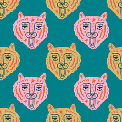 Doodle tigers faces childish cartoon groovy boho seamless pattern vector drawing  © Knstart Studio