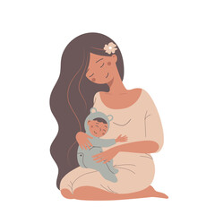 Cartoon beautiful tender young woman with little nice baby isolated on a white background. Vector illustration.