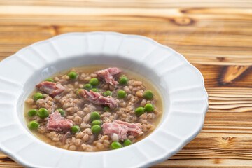 soup with smoked meat and barley groats
