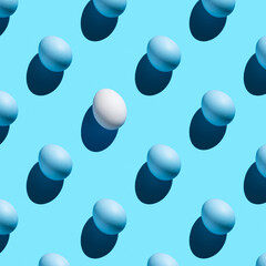 A pattern of blue eggs and one white with a hard shadow on a blue background.
