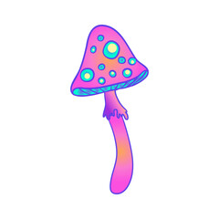 Magic mushrooms. Psychedelic hallucination. Vibrant vector illustration isolated on white. 60s hippie colorful art in vivid acid colors. Sticker, patch, poster graphic design.