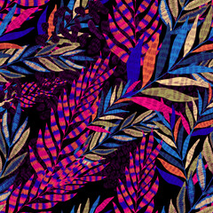 Modern abstract seamless pattern with creative colorful tropical leaves and leopard spots. Retro bright summer background. Jungle foliage illustration. Swimwear botanical design. Vintage exotic print. © Natallia Novik