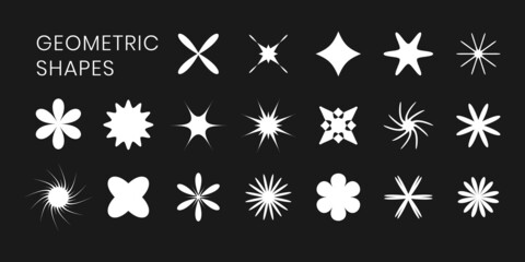 Brutalism shapes for swiss minimal style design. Constructor of trendy geometric postmodern figures. Vector illustration of brutalist contemporary stars. Primitive bauhaus elements