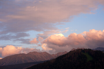 Fototapeta premium Pink sky in the mountain. Mountain landscape. Sky resort. Sunset mountain. Dawn mountains. Mountain.