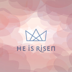 He is Risen under crown icon, with multi-colored clouds with bright sun rays shining through. Symbolizing the resurrection of Jesus Christ. Easter social media square card.