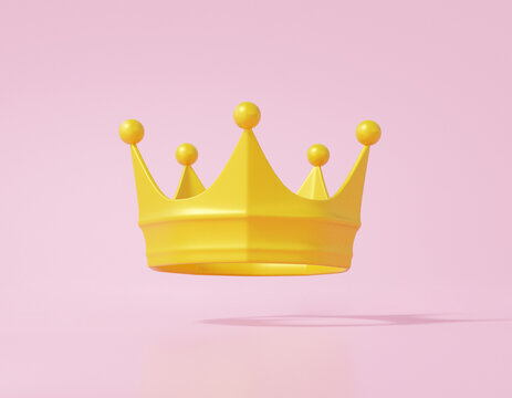 Gold yellow royal king crown icon Cartoon minimal style cute smooth on pink background with leadership emperor concept. 3D render illustration