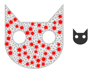 Polygonal cat head with infection style. Mesh carcass cat head image in lowpoly style with organized linear items and red infection nodes.