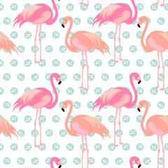 Obraz premium Seamless polka dot pattern with pink flamingo. Vector.